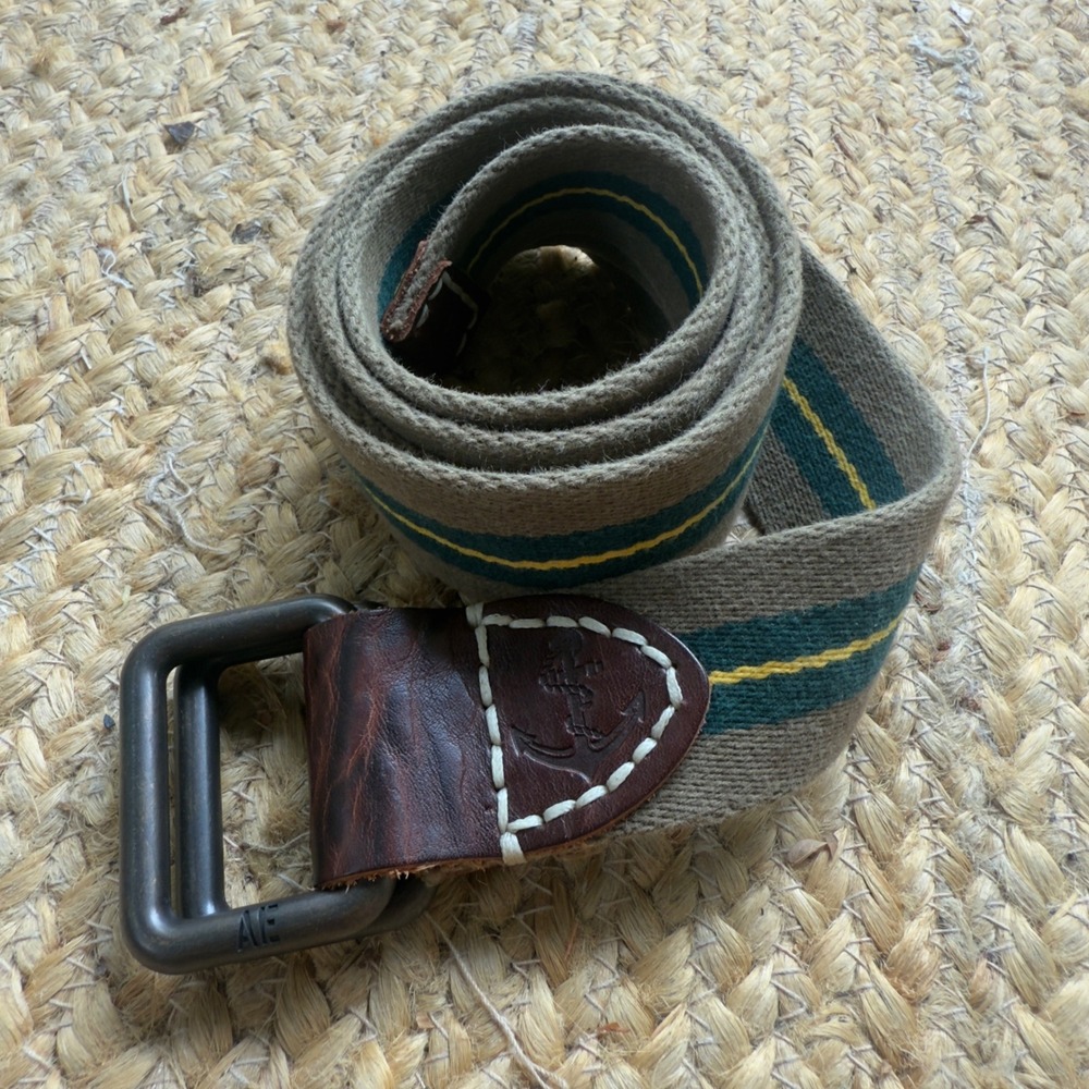 American Eagle Mens L XL Webbed Belt Canvas Leather Trim Anchor Stripe Nautical